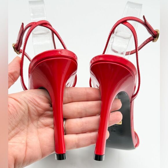 Gucci Moorea Horsebit Hibiscus Red Patent Leather Heeled Ankle Wrap Sandals EU38 - Picture 6 of 11